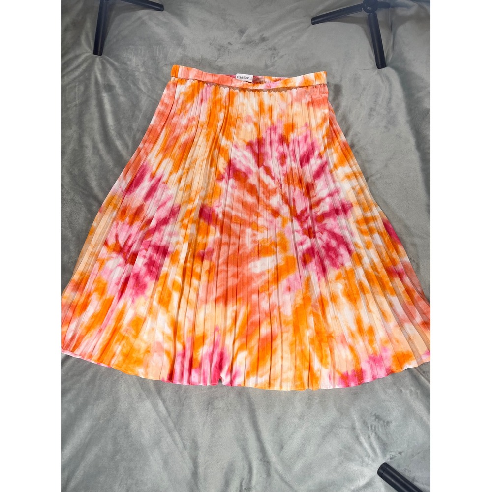 Calvin Klein‎ Womens Tie Dye Midi Accordion Pleated Skirt Pink Orange Size M
